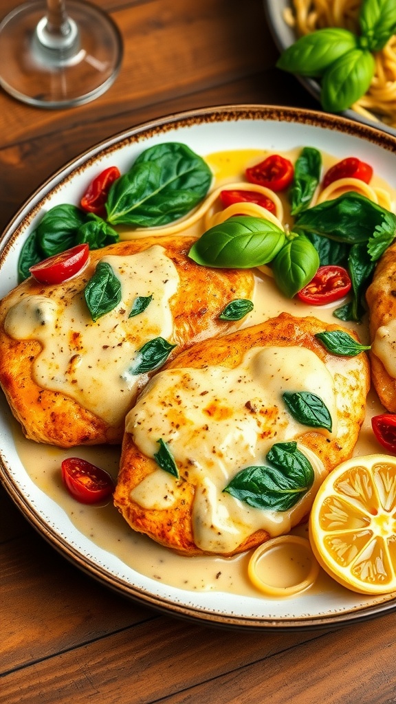 Creamy Tuscan chicken with spinach and sun-dried tomatoes served with pasta on a rustic table.